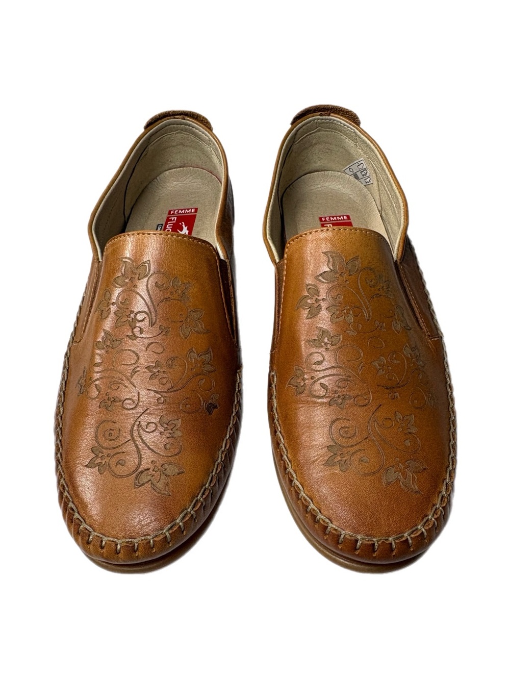 Fluchos Femme Tan Leather Floral Embossed Slip-On Loafers Shoes Size 38